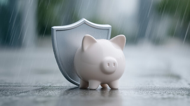 Financial Fortress: A piggy bank sheltered by a shield under a rain, symbolizing financial security and protection against unforeseen circumstances.
