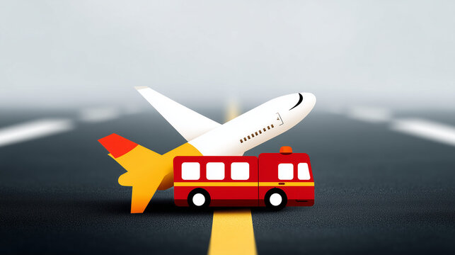 Runway Safety & Response: A vibrant depiction showcasing an aircraft alongside a fire engine on a smooth runway, conveying themes of aviation security and emergency services.