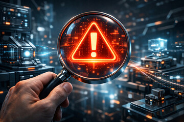Fototapeta premium Magnifying glass focuses on glowing red warning icon above servers and network hardware, conveying cybersecurity threat detection, network monitoring, incident response, digital risk analysis high-tec
