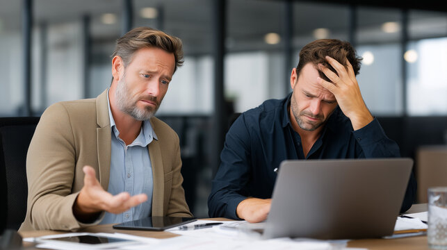 Business distress and disappointment: Two business professionals in a modern office space, visibly expressing frustration and worry, with one gesturing in disbelief.