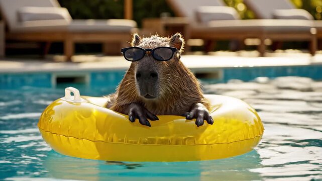 Capybara in pool with floatie
