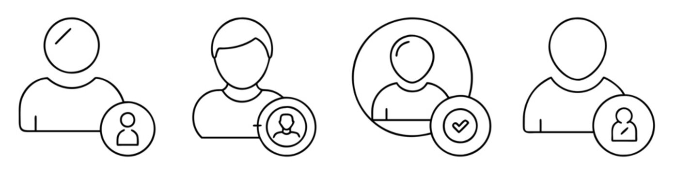 Four user icons with add, verified, and default profiles in simple line art