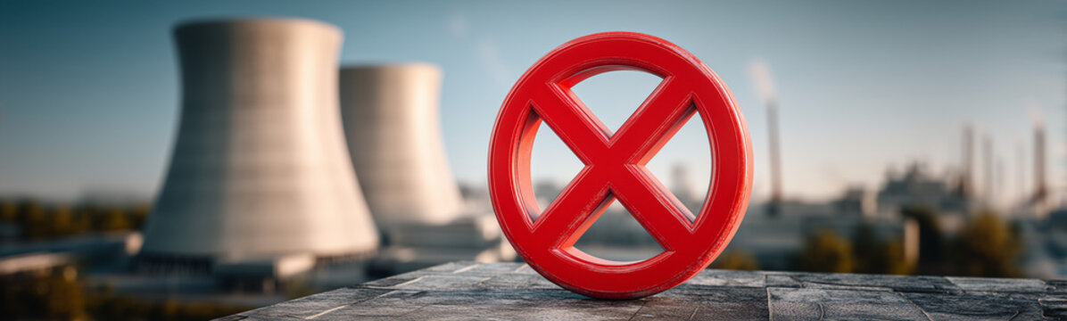 No Nuclear Power: A bold red no symbol stands prominently against the backdrop of industrial structures, conveying a strong message of protest against nuclear power.