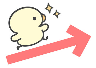 右肩上がりの矢印とひよこ　業績アップ・売上増加・成長や成功を表すシンプルな手書きイラスト © Nitomaru