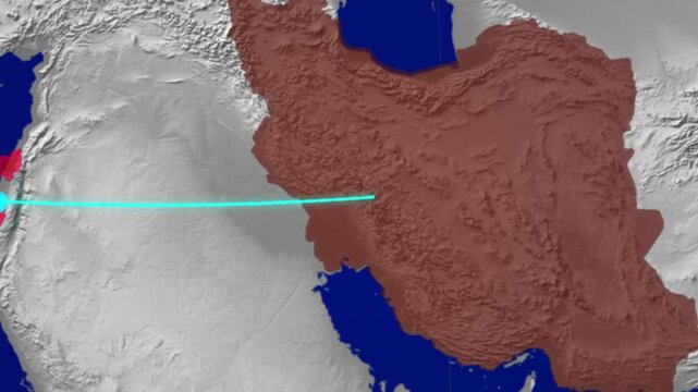 Digital map animation depicting a blue line trajectory traveling from Israel to Iran, highlighting countries motion clip.