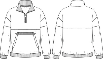 Technical vector line art illustration of a quarter zip sweatshirt featuring front kangaroo pocket, ribbed cuffs, and high neck collar © Mdjoshel 