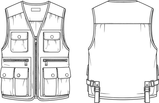 Technical vector line art illustration of a multi-pocket utility vest with front zipper, cargo pockets, and adjustable side cinch buckles