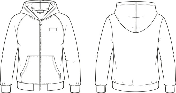 Technical Vector Line Art of a Full Zip Raglan Hoodie Front and Back View, Sporty Apparel Mockup Design Template for Manufacturing