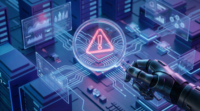 magnifying glass reveals glowing red warning triangle on circuit board, emphasizing cybersecurity risk, system error, hardware vulnerability and threat detection in digital electronics environment