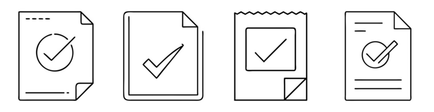 Four distinct document icons with checkmarks, representing approval or completion