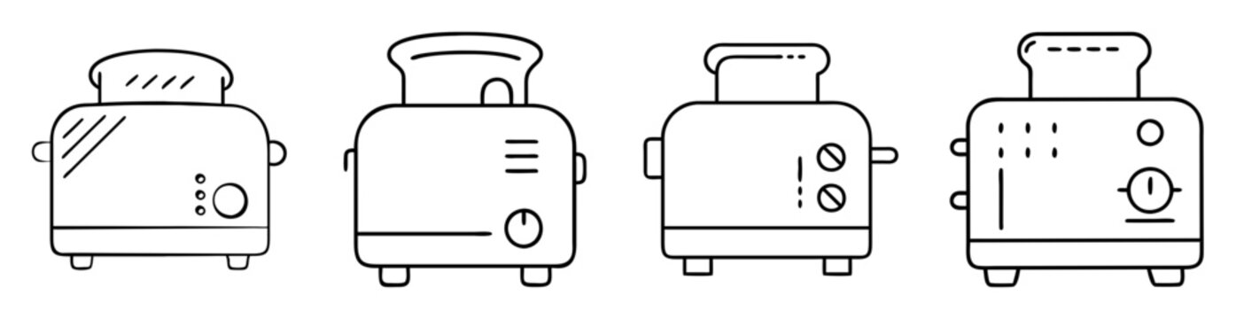 Black and white linear illustration of four different styles of toasters