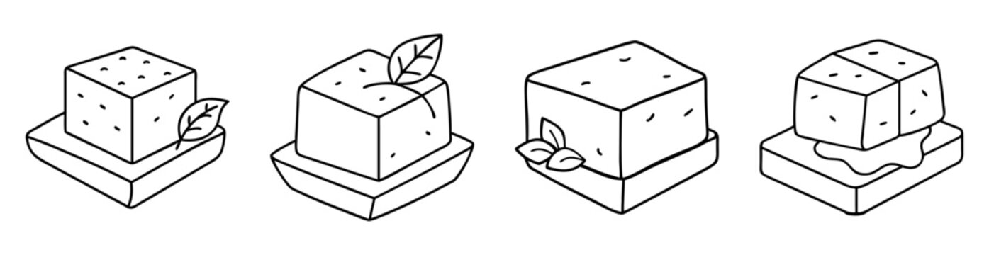 Four stylized cubes on pedestals, decorated with leaves and dripping liquid