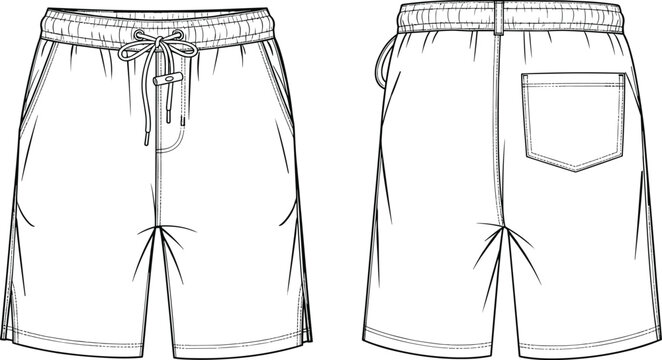 Technical Vector Line Art of Men's Drawstring Board Shorts Front and Back View, Summer Swim Trunks Apparel Mockup for Fashion Design