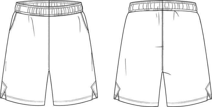 Technical Vector Line Art of Athletic Sports Shorts Front and Back View, Elastic Waistband Apparel Mockup for Activewear Design and Manufacturing