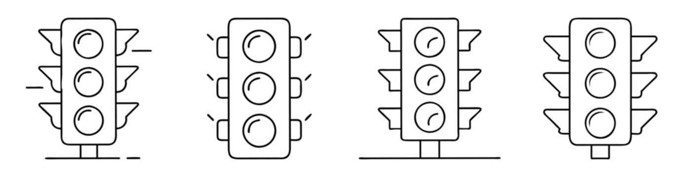Four different minimalistic black and white traffic light vectors in a row