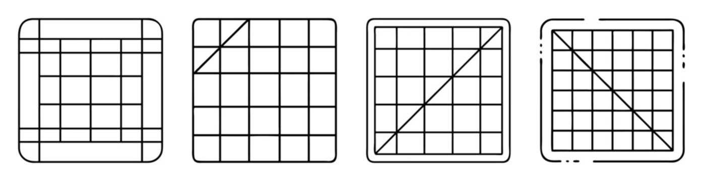 Four squares with rounded corners and black grid patterns inside each square