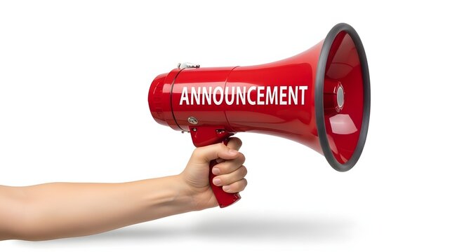 Red megaphone, announcement speaker, loud voice amplifier, public address tool