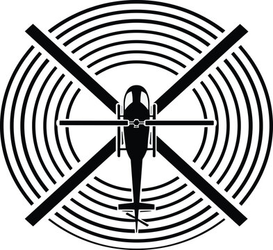 Top View Helicopter Silhouette Featuring Spinning Main Rotor Blades and Tail Rotor Isolated on White Background for Aviation and Transport Designs