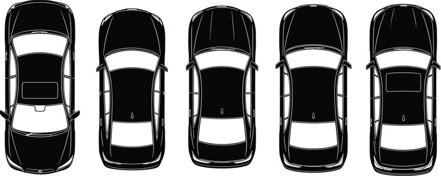 Top view set of black car silhouettes, architectural vehicle symbols for site plans, automotive vector icons isolated on white background, transport.