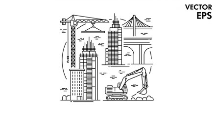 Naklejka premium Construction site illustration featuring crane, buildings, excavator, and bridge in detailed line art.