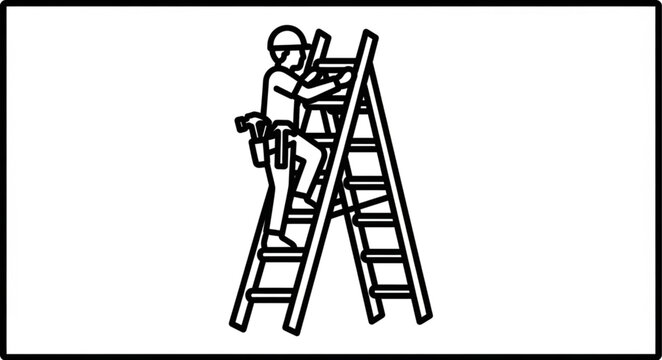 Construction worker climbing ladder, working on a building project, safety first.