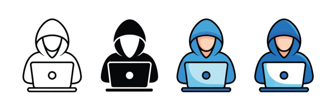 Hacker icon set, laptop computer in line art and solid fill styles, vector illustrations representing cybersecurity, online threats, hacking, and digital security concepts.