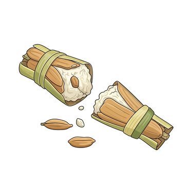 Traditional Filipino Rice Cake, Biko, Wrapped in Banana Leaves, Broken Open