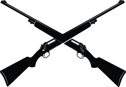 Two crossed hunting rifle guns silhouette vector illustration isolated on white background, black firearm weapon graphic for military army logo design, shooting sport symbol element