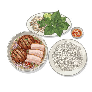 Vietnamese Pho Bo soup with noodles, grilled meat, and fresh herbs