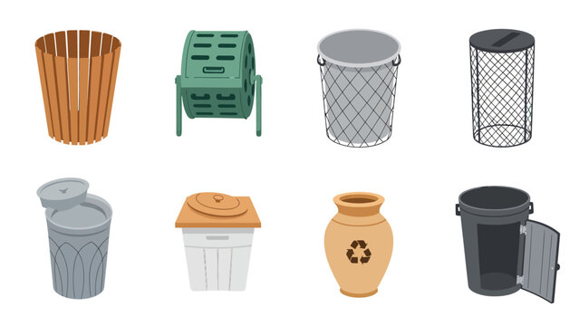 Set of diverse waste bins, trash cans, and composters. Collection of garbage, recycling, and organic waste containers, vector illustration.
