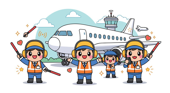 Cartoon illustration of four airport ground crew workers wearing safety gear standing in front of an airplane with a control tower in the background on a sunny day.