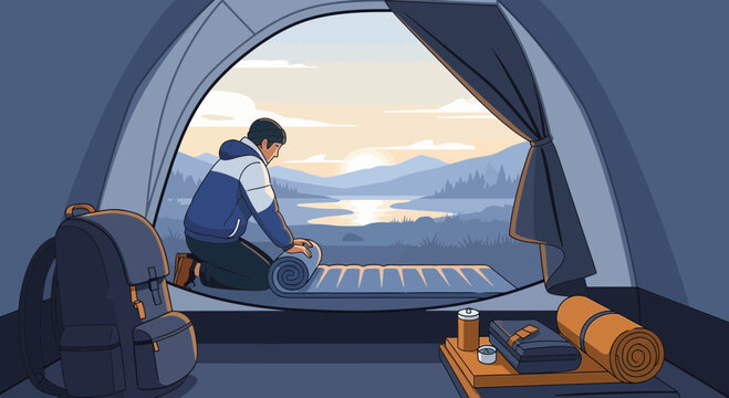 Man Preparing Sleeping Mat Inside Tent With Scenic Mountain Lake View