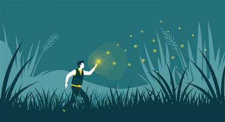 Naklejka premium Man Reaches For Firefly Light In Dark Grassy Field
