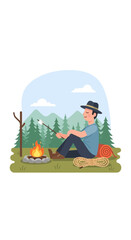 Naklejka premium Man Roasting Marshmallows By A Campfire In The Wilderness