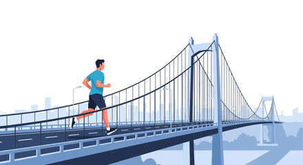 Fototapeta premium Man Running Across Expansive Suspension Bridge Overlooking Cityscape