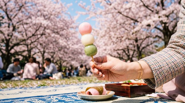 Hand holding sanshoku dango at spring hanami picnic under cherry blossoms