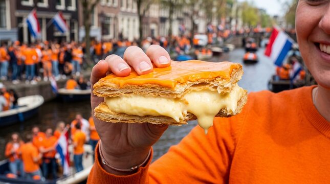 Holding sweet orange tompouce pastry at a Dutch King's Day canal festival