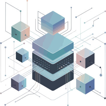 Abstract Data Network Cubes Connected with Lines and Dots Futuristic Technology Digital Information Flow Vector Art