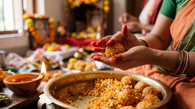 Devoted hands rolling Boondi Ladoo for Hanuman Jayanti prasad in a Hindu temple