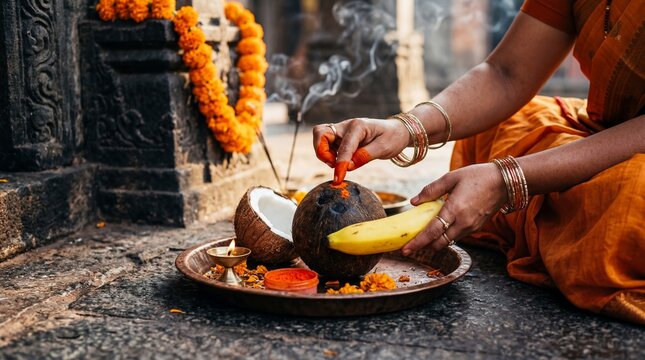 Devotee applying sindoor to sacred coconut during Hanuman Jayanti puja.