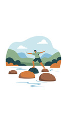Naklejka premium Man Standing On Rocks Crossing A River In A Beautiful Landscape