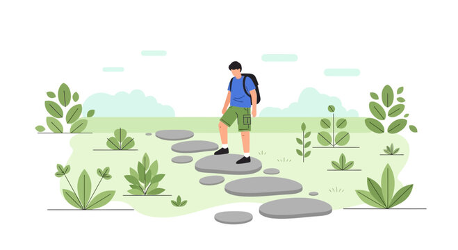 Man Walking On Stepping Stones Through Lush Greenery On A Sunny Day
