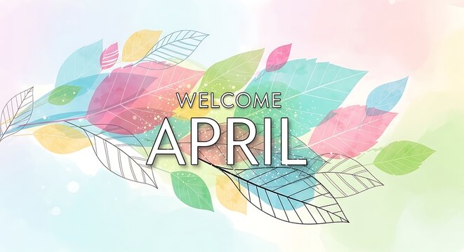 Watercolor welcome april spring greeting card with floral wreath and pastel colors
