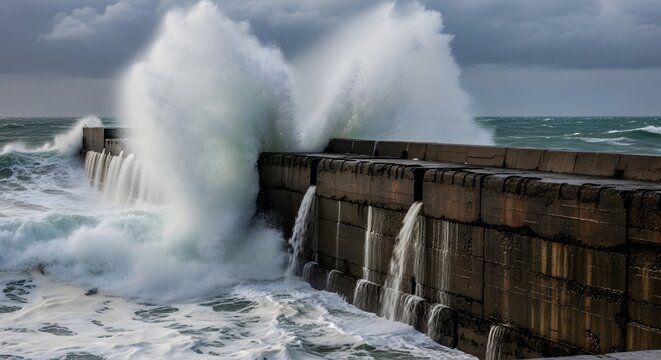 Ocean waves crashing against sea wall 3.