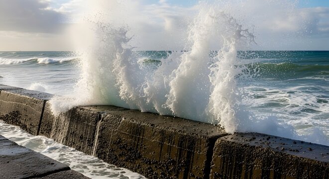 Ocean waves crashing against sea wall 2.