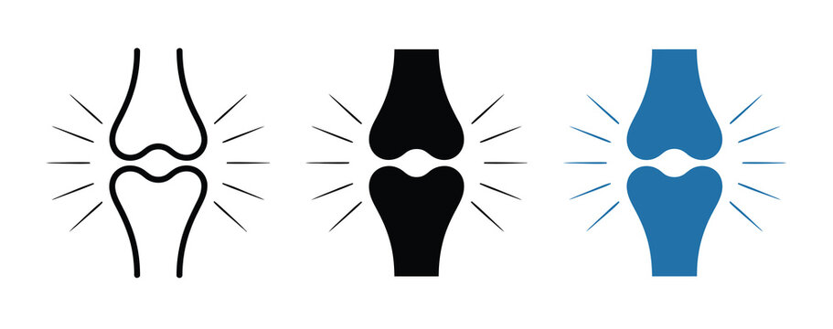 Knee joint pain icon set, vector illustrations representing arthritis, inflammation, or injury in various styles, isolated on white background for medical, healthcare, and educational design projects.