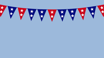 Obraz premium A festive string of triangular bunting flags decorated with white stars in red and blue colors Vector