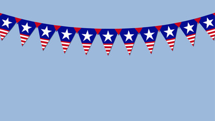 Fototapeta premium A festive string of bunting flags featuring the patriotic red white and blue stars and stripes Vector