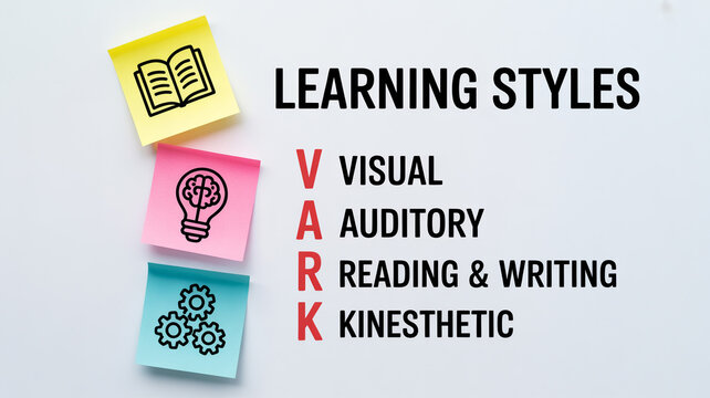 VARK Learning Styles model with Visual Auditory Reading and Writing and Kinesthetic methods presented clearly on a white background using colorful sti