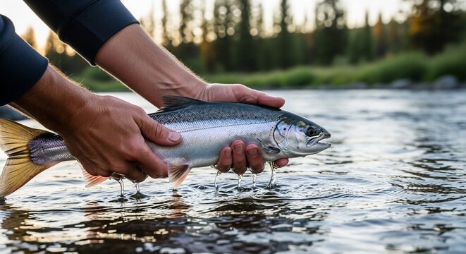 Person holding fish in river